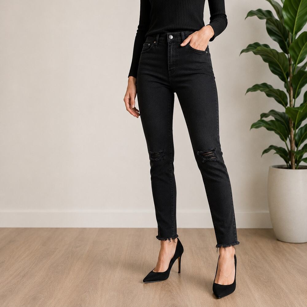 Rag & Bone High Rise Skinny Jeans Black Distressed Raw Hem Size 25 NWT